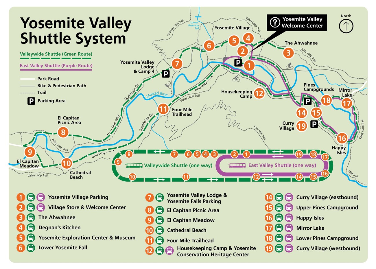 Map shows the Yosemite Valley floor with 18 marked shuttle stops.