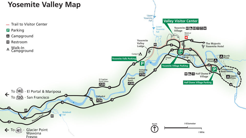 Simplified map showing parking areas in Yosemite Valley at Yosemite Valley Lodge, Yosemite Village, and Half Dome Village.