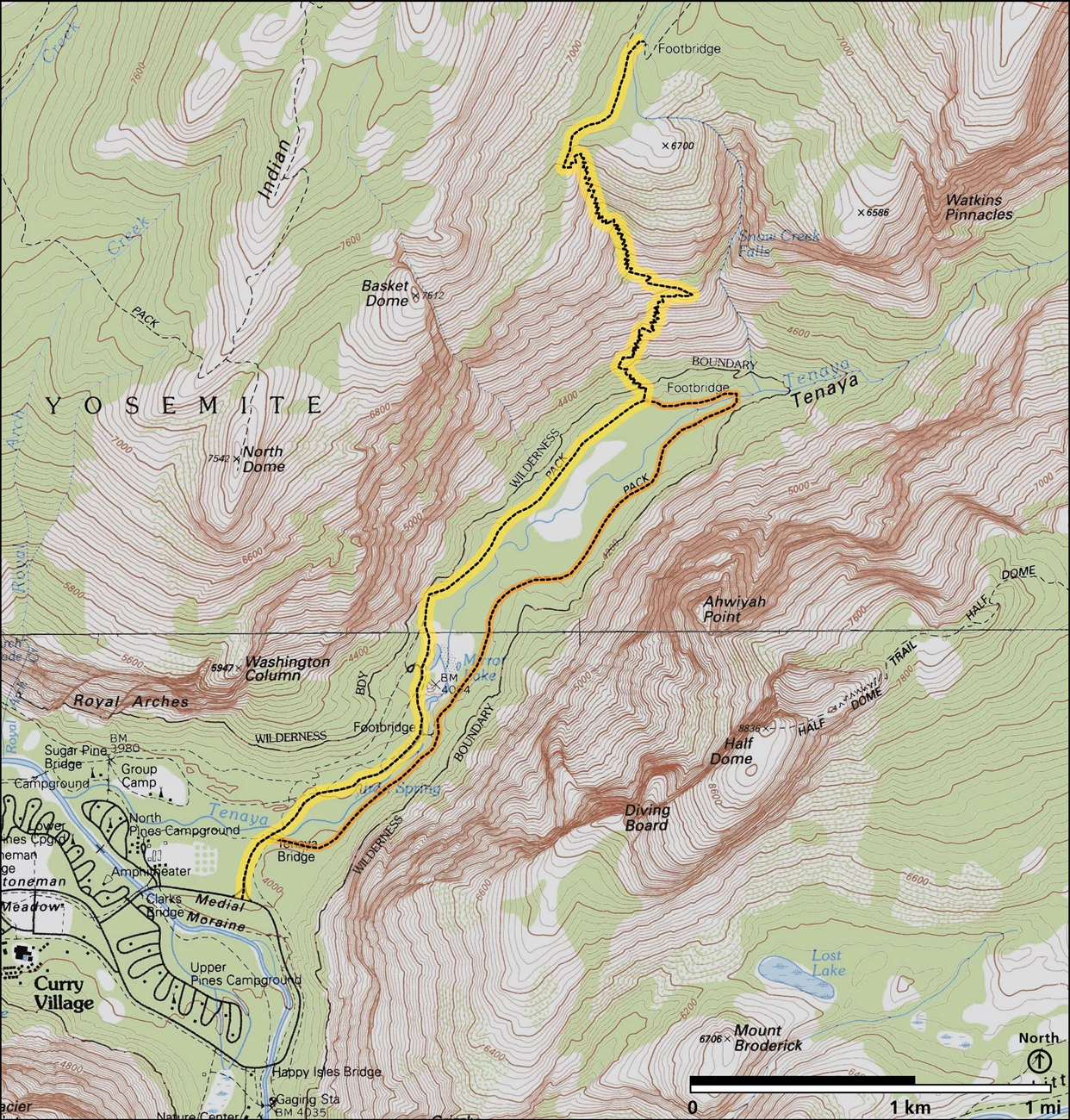 Snow Creek trail map Map showing the trail past Mirror Lake (mostly flat) up the numerous switchbacks to the top of Snow Creek switchbacks, gaining a few thousand feet.