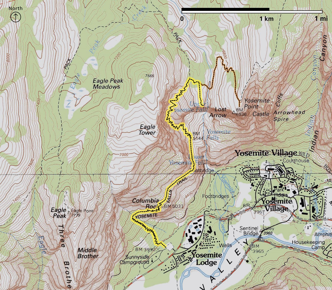 Map showing trail to Yosemite Falls and beyond to Yosemite Point, which gaines around 3,000 feet mostly through a series of switchbacks