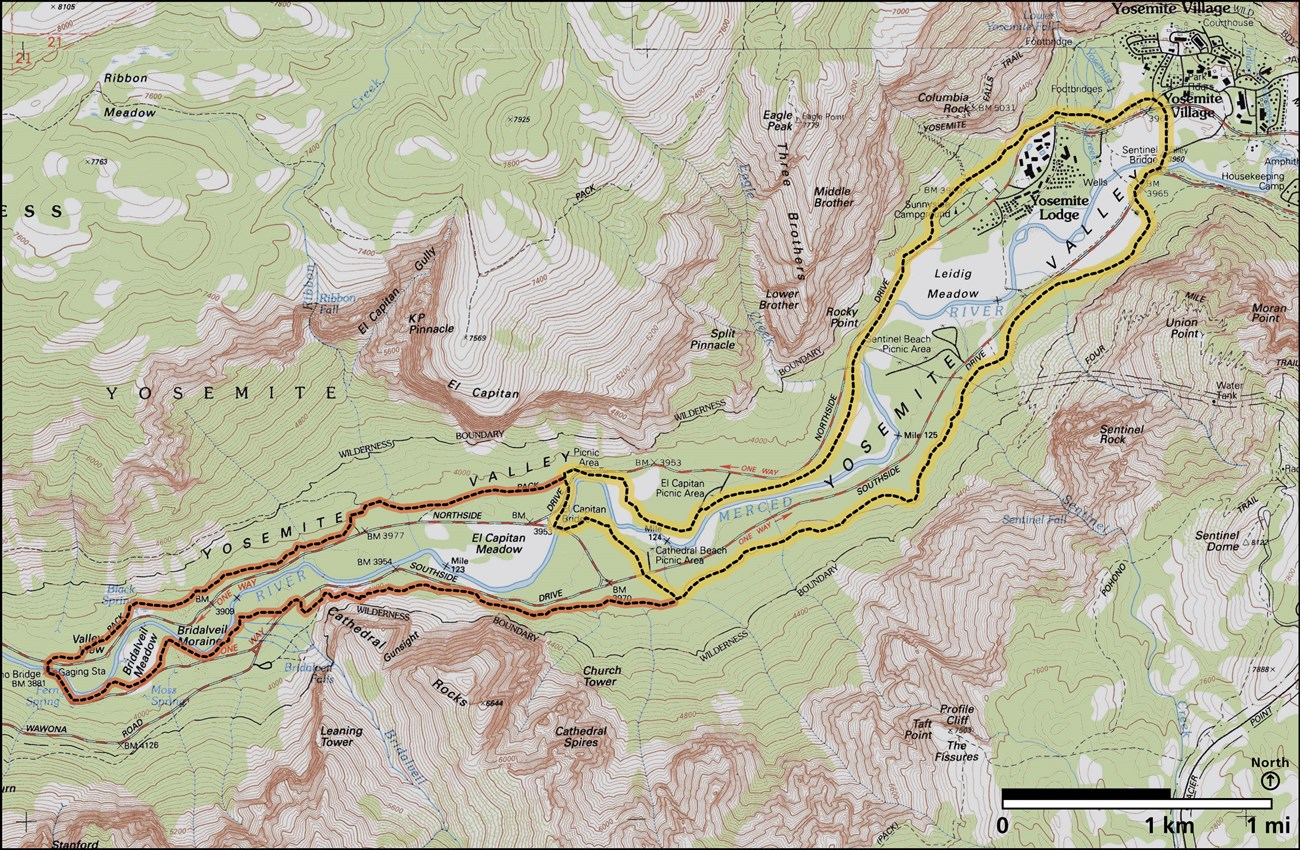 Map showing Valley Loop Trail in Yosemite Valley, a mostly flat loop from Pohono Bridge to Yosemite Village