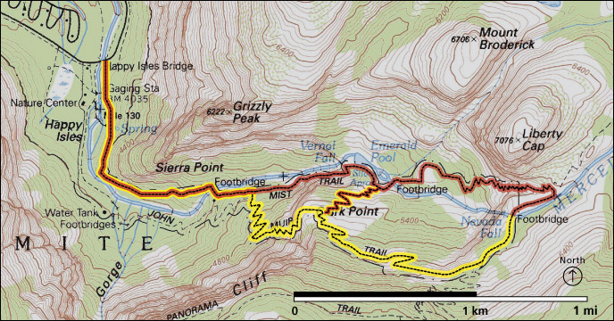 The Mist Trail (red) and John Muir Trail (yellow) provide views of Vernal Fall and Nevada Fall