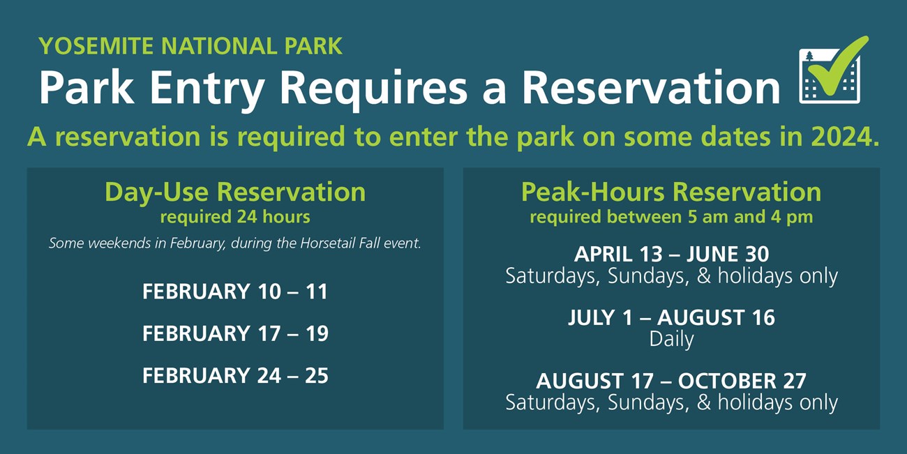 Park entry requires a reservation in 2024, including Feb 10-11, 17-19, and 24-25, as well as on some days from April 13 through September 29