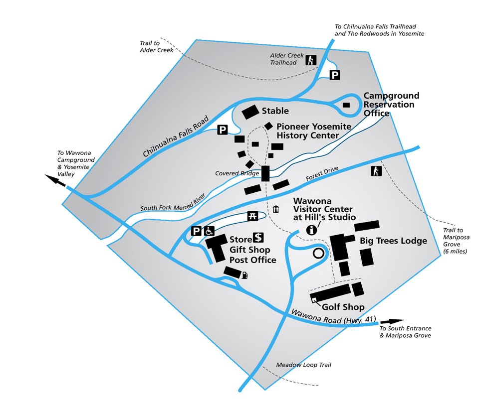 Map showing Wawona Visitor Center (and wilderness permit station) at the Big Trees Lodge (Wawona Hotel)