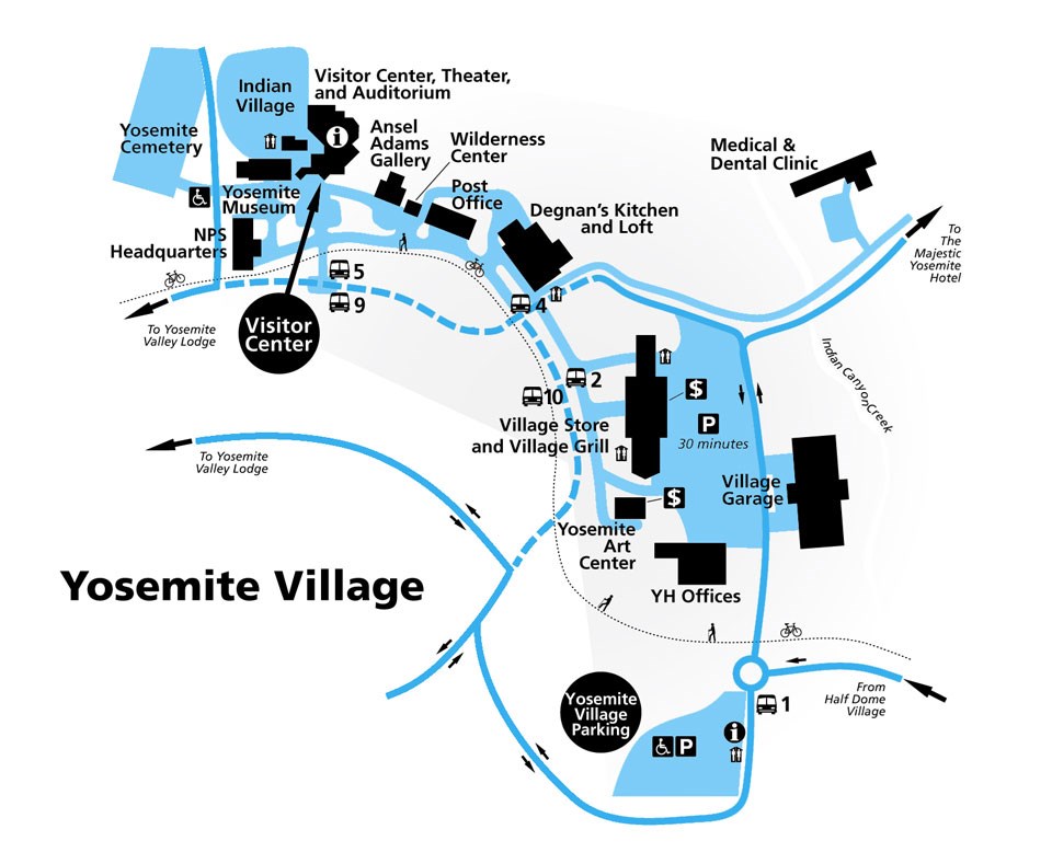 Map of Yosemite Village showing wilderness center in the northeastern part of the village, near the post office