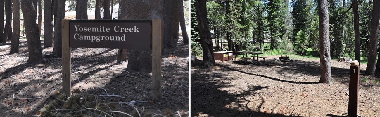 Left image: Yosemite Creek Campground Entrance Sign; Right image: Empty campsite in campground Left image: Yosemite Creek Campground Entrance Sign; Right image: Empty campsite in campground