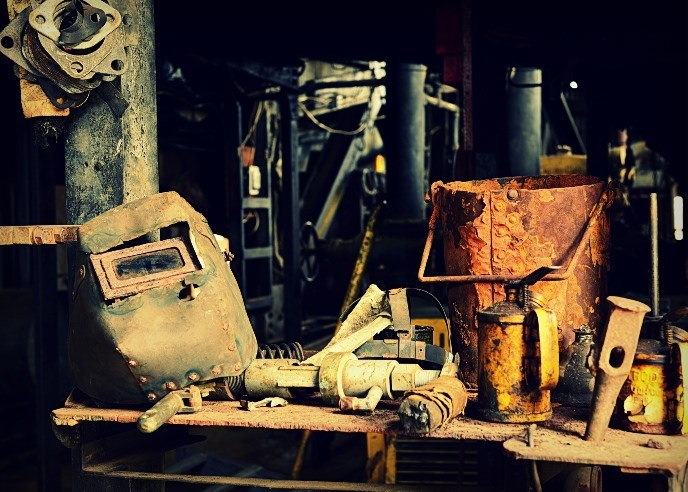 Many tables full of tools remain inside the Coal Creek Dredge Many tables full of tools remain inside the Coal Creek Dredge