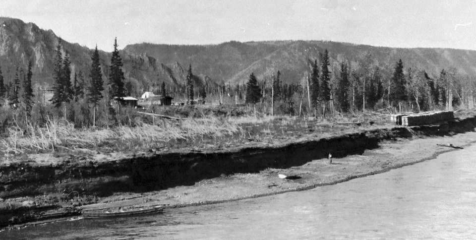 1926 black and white photograph of Woodchopper Roadhouse with tents, cabins, and piles of cordwood