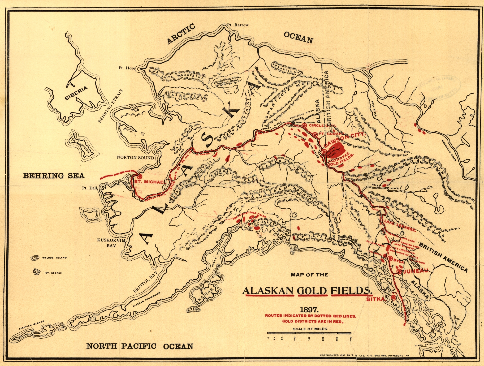 Antique 1909 Alaska Map Sitka Klondike Gold Region Yukon Forts Bering Sea 