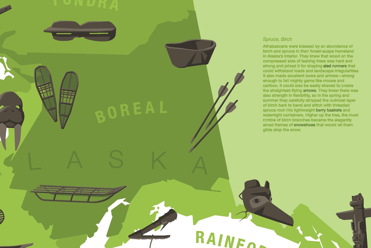 A portion of page two of the April 2019 Alaska Archaeology Month poster: an artistic map of east central Alaska and the boreal forest region with wooden Alaska Native tools and art. The text featured on the poster is replicated on this page.