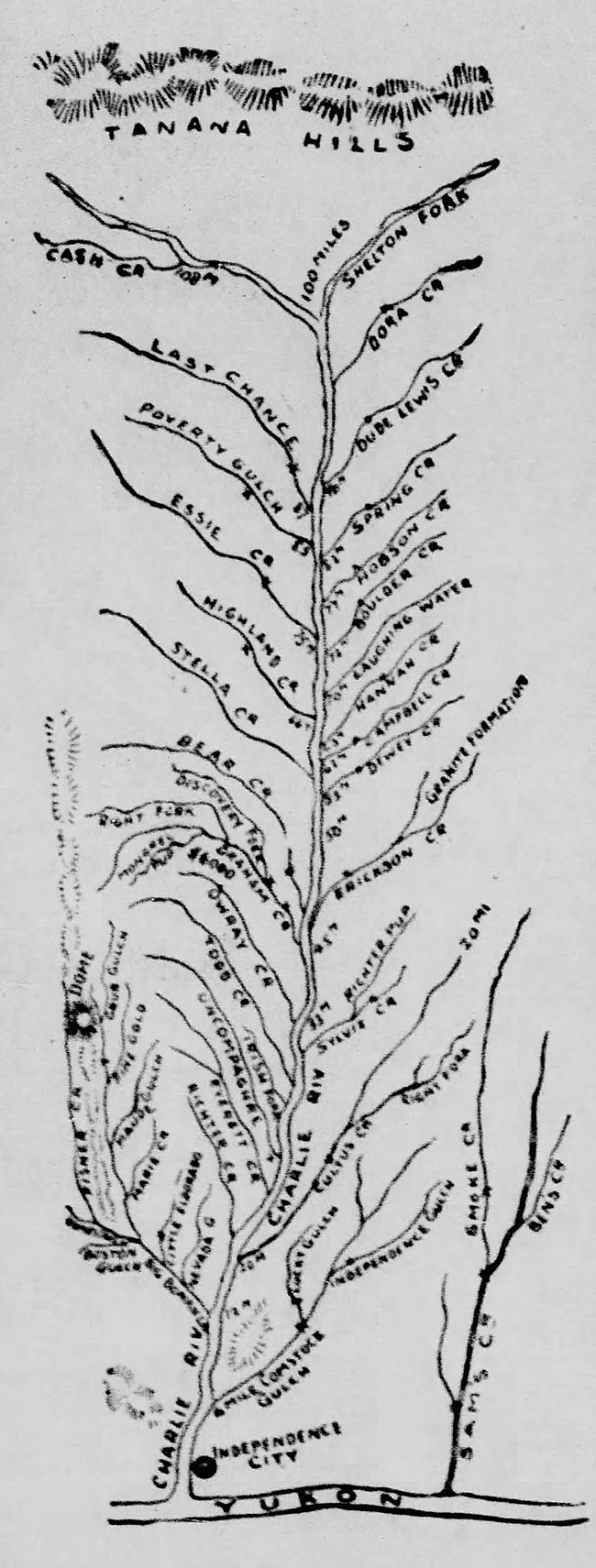 This hand-drawn map (south at the top) shows the Charley River tributaries, most of which were prospected in 1898-99. The tributaries of Bonanza Creek (bottom left) were the most heavily mined. Sam Creek also attracted a swirl of gold miners.