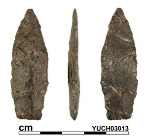 A 4000 year old stone projectile point collected from test excavations at Slaven's Roadhouse on the Yukon River.