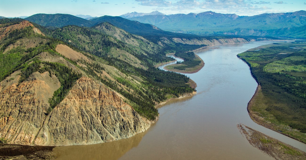 Aerial view of the Yukon River and bluffs below Eagle, Alaska