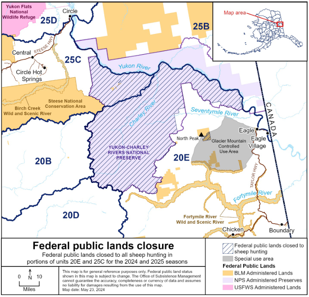 map of the sheep hunting closure in Yukon-Charley Rivers