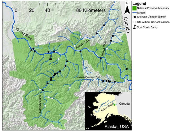 Map showing fish inventory sites on rivers and creeks in Yukon-Charley Rivers National Preserve