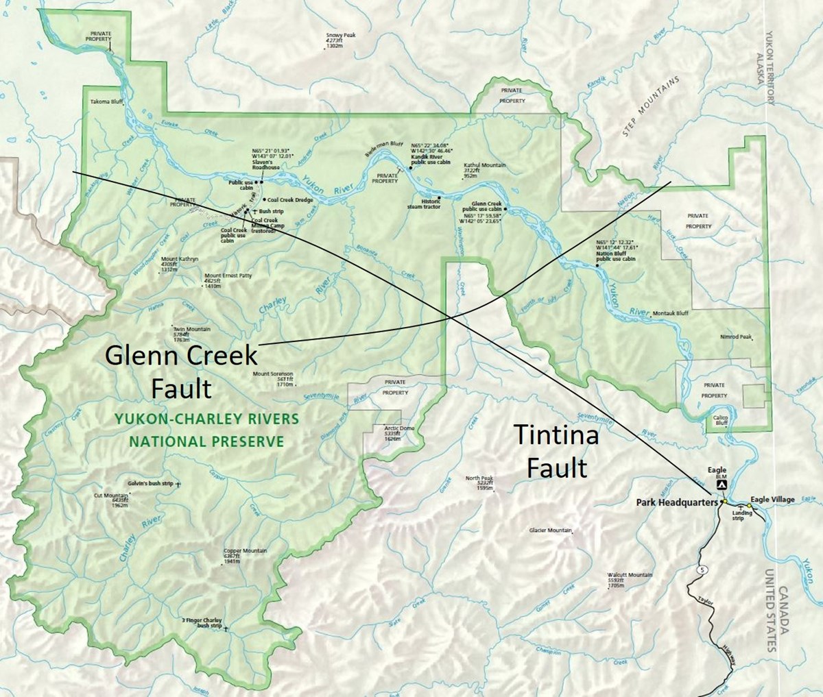 Yukon-Charley Rivers map with fault lines overlaid