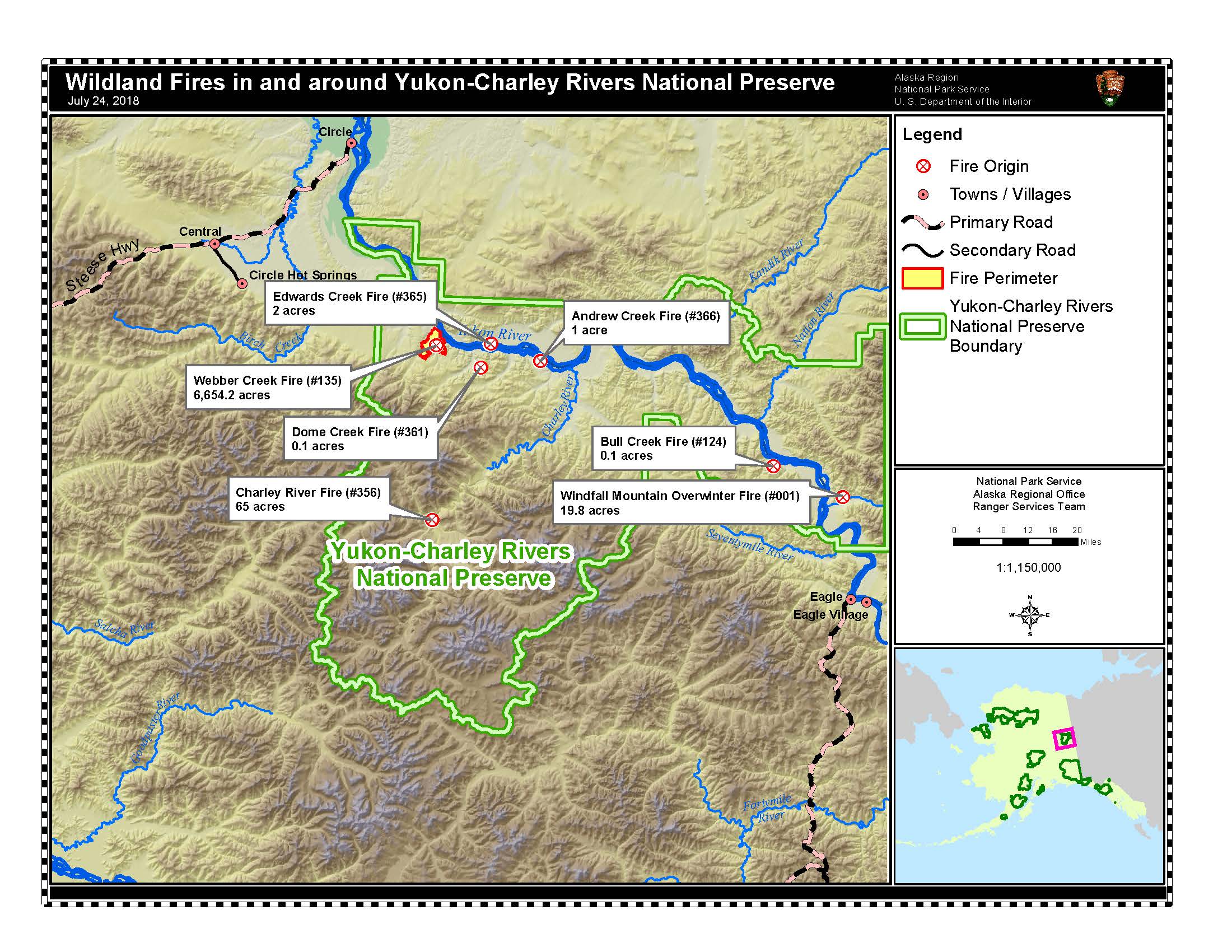 National Park Service map of current fire activity in Yukon-Charley Rivers National Preserve