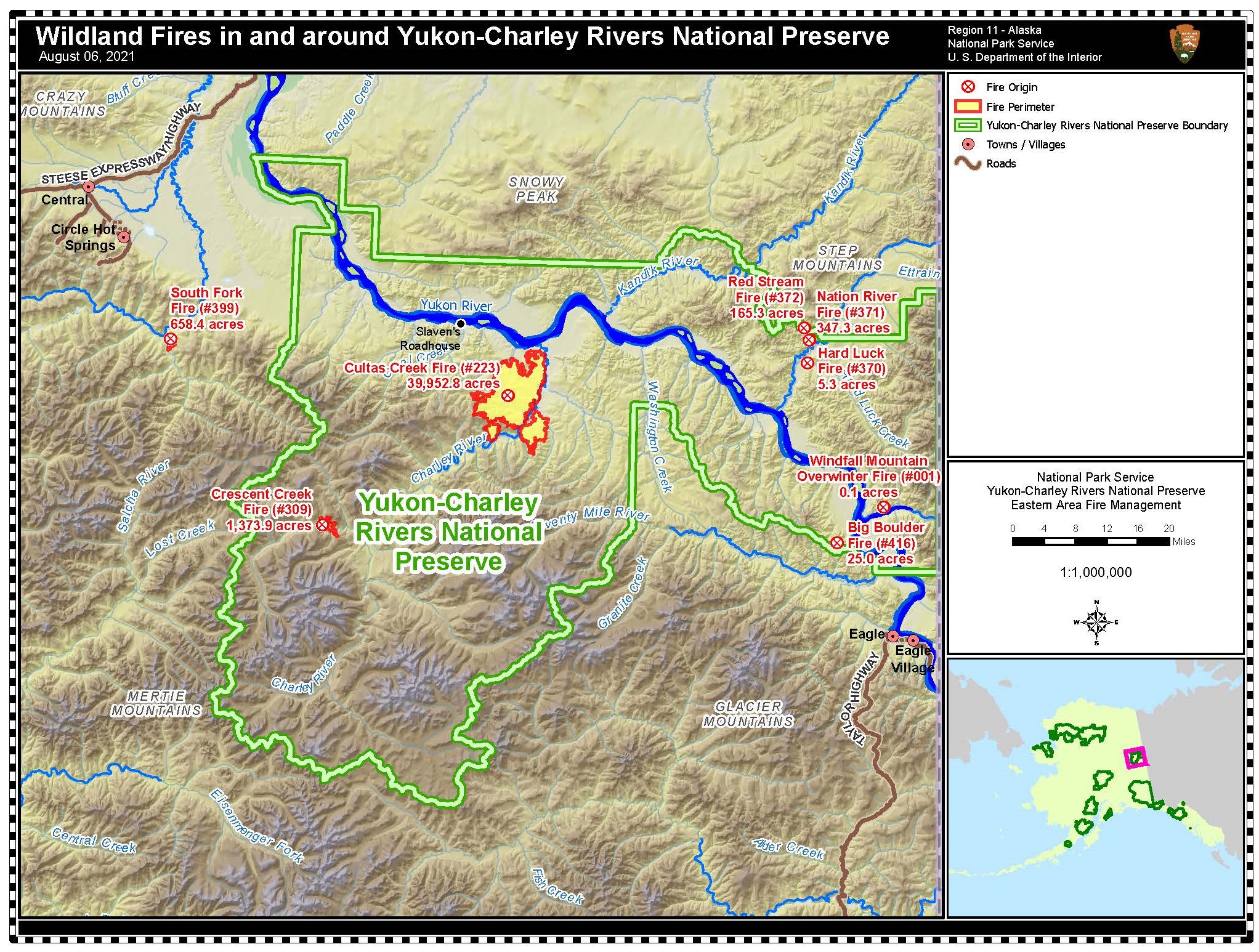Fire map depicting fire locations and sizes in Yukon-Charley Rivers National Preserve