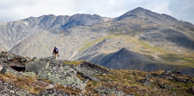 A hiker on a ridgeline with a large mountain as the backdrop