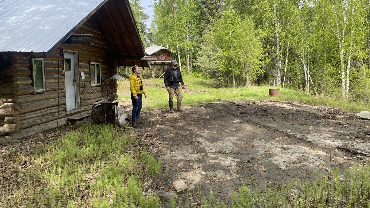 Smith Public Use Cabin site showing the cabin moved off its foundation, June 14, 2023.