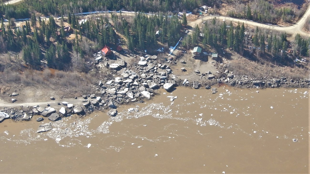 Aerial view of river ice at the Eagle boat launch