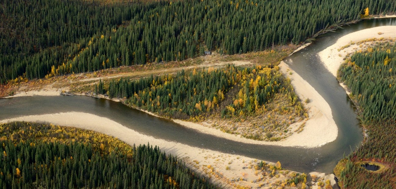 Aerial view of Gelvin's Airstrip along the Charley River, from the east