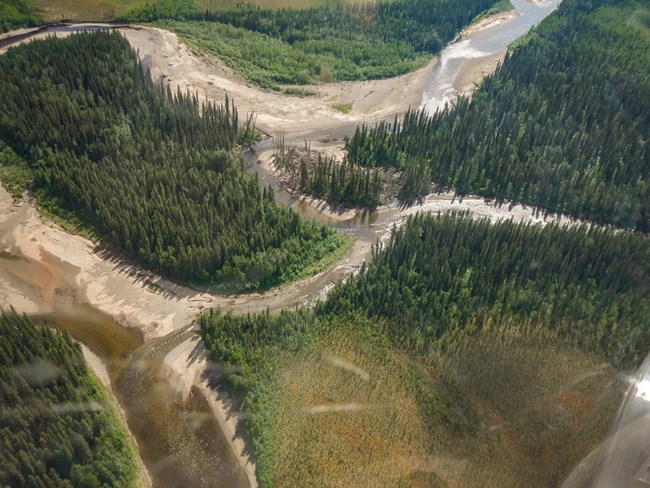 Close up aerial photo of the channel change in the Charley, looking upstream