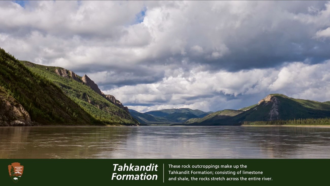 Screen capture of the Yukon River hyperlapse, showing the Tahkandit limestone bluffs above the Yukon River