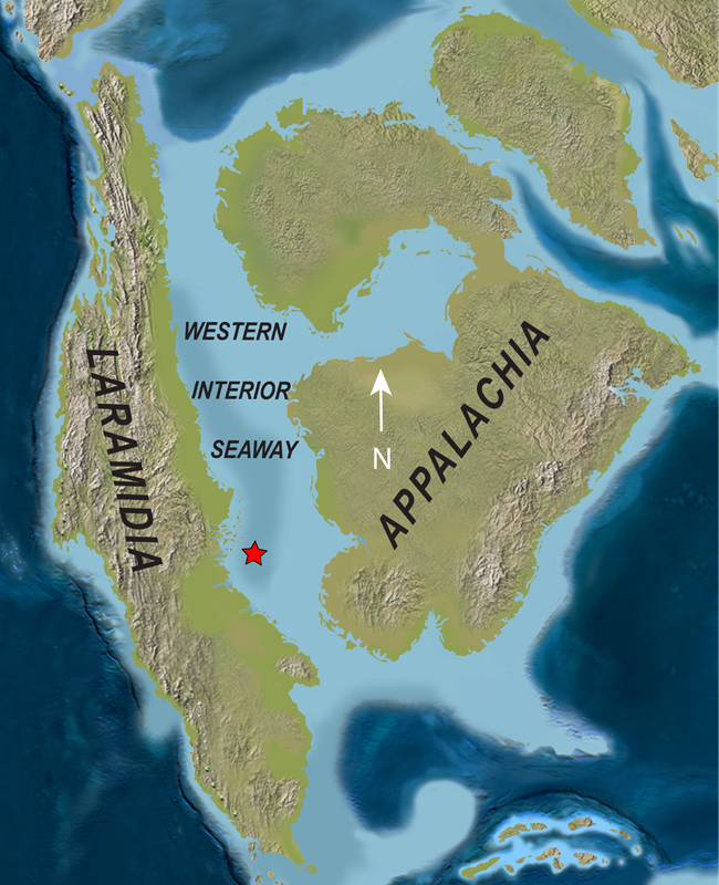 An artist's map depicting North America at the time of the Western Interior Seaway, with an ocean passage cutting through the middle of the continent from the Arctic to the Gulf of Mexico