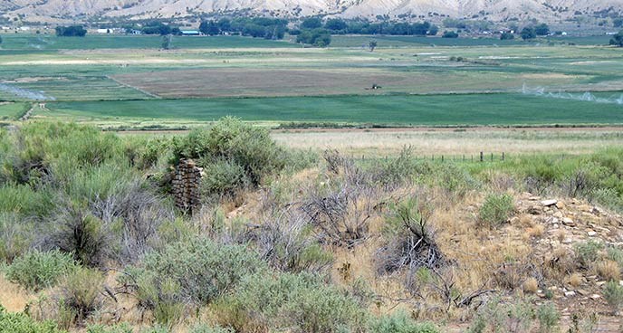 Remnants of an ancient wall at the Yucca House archeological site, with private farmland in background.