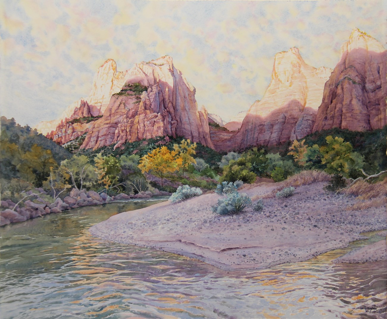 watercolor painting of light on the canyon walls with the river in the foreground