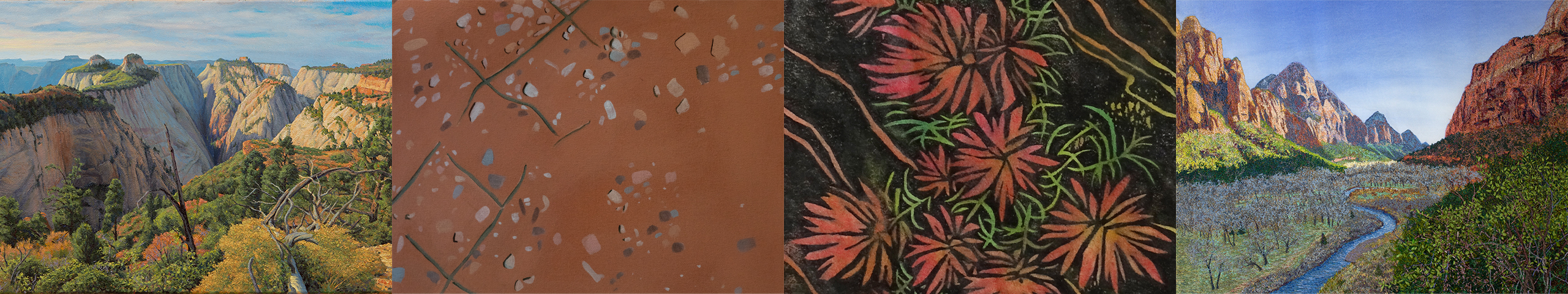 Four images in a row. From left to right: a painting showing white sandstone peaks above a canyon, an abstract painting showing rocky textures, a colored linocut of a red flower, and a hand-sewn image of Zion Canyon.