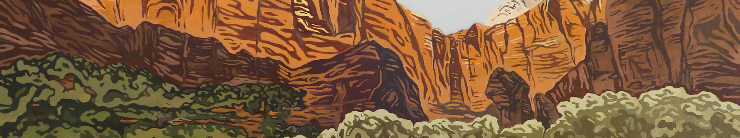 A painting of the Virgin River flowing through Zion Canyon.