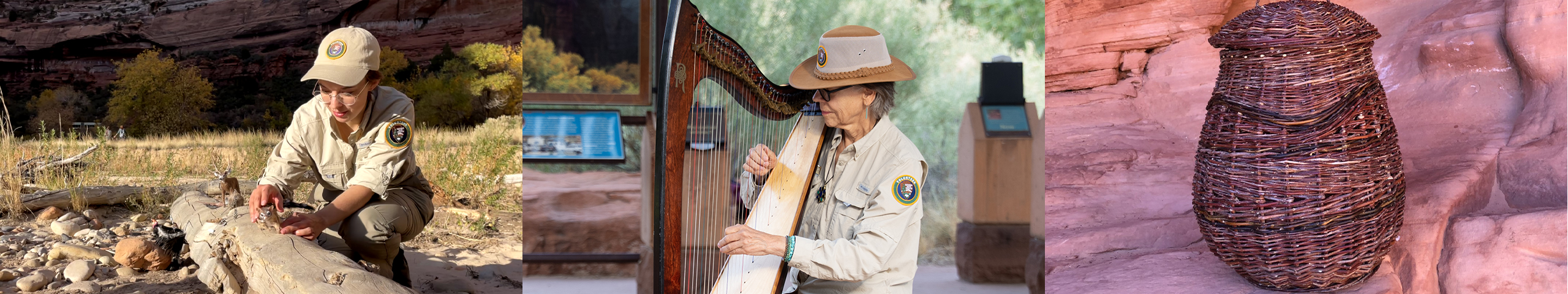 Three images in a row. One image shows a woman working with stop-motion models. The second image shows a woman playing a harp. The last image shows a hand-woven basket on sandstone.