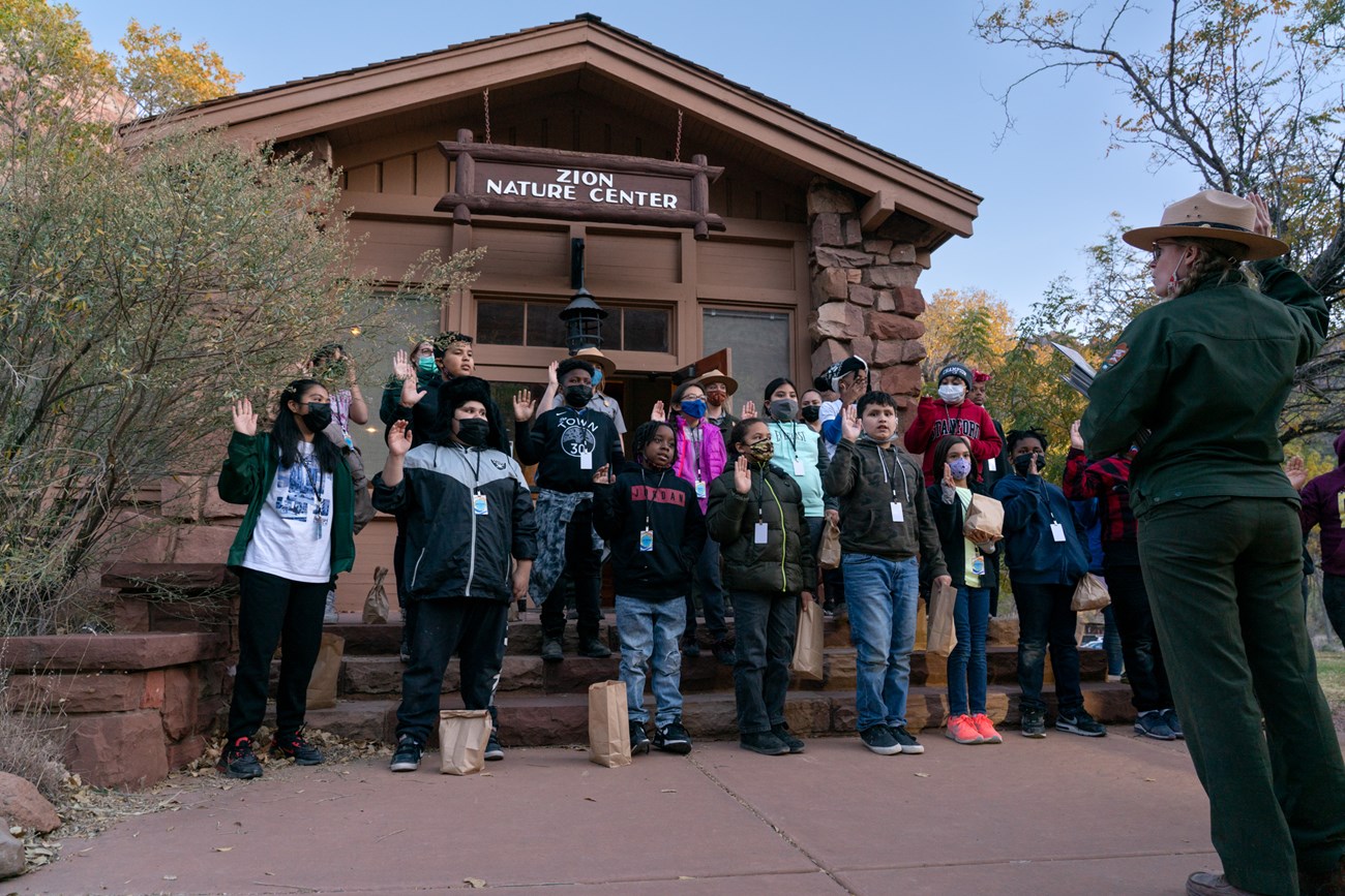 Students take junior ranger oath near the Zion National Park Nature Center.