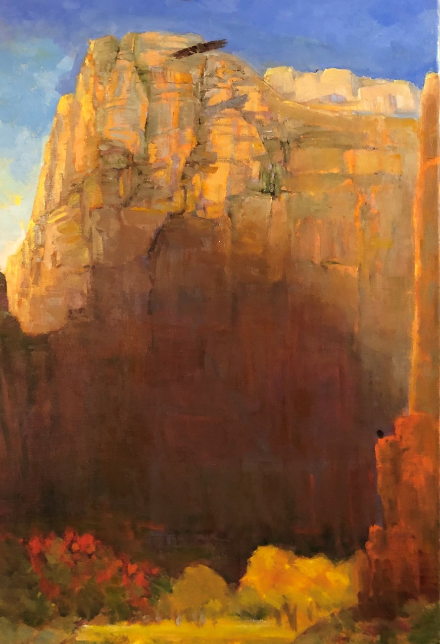 Oil painting depicting flying and perching condors with Angels Landing in the background.