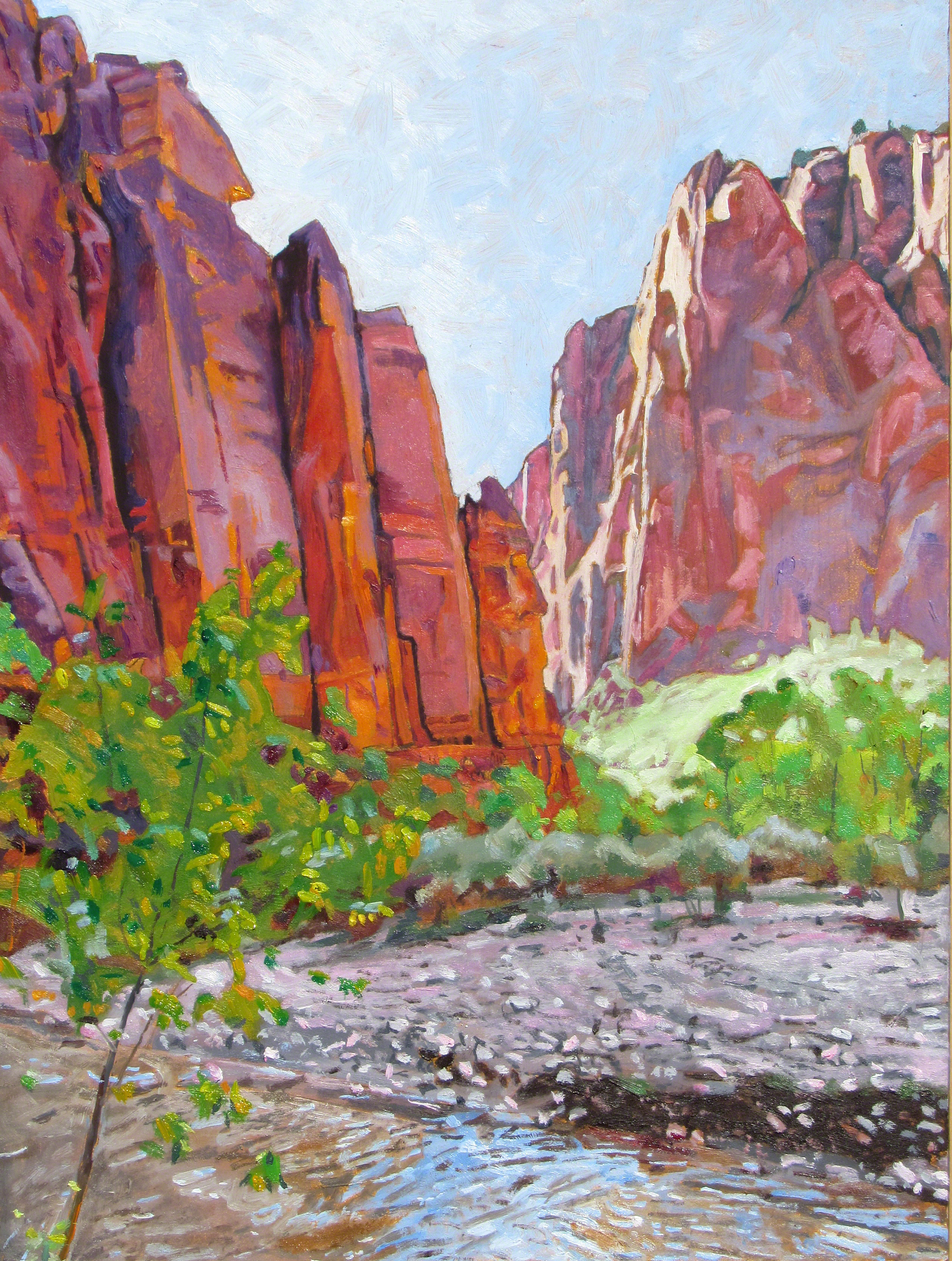 Vibrant oil paint illustrating the Virgin River and red rocks of the canon wall with bright green trees along the edge of the riverbank.
