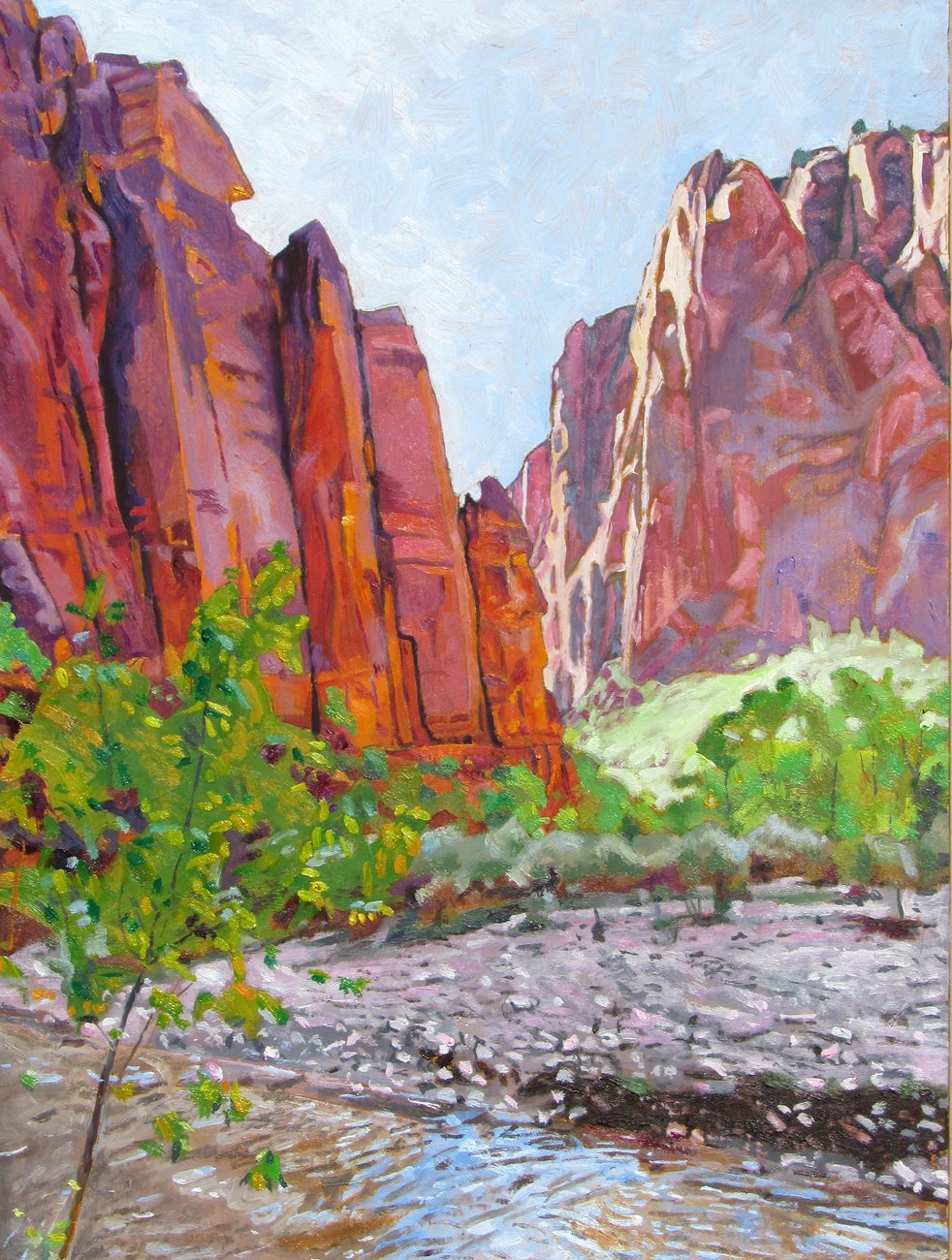 Vibrant oil paint illustrating the Virgin River and red rocks of the canon wall with bright green trees along the edge of the riverbank.