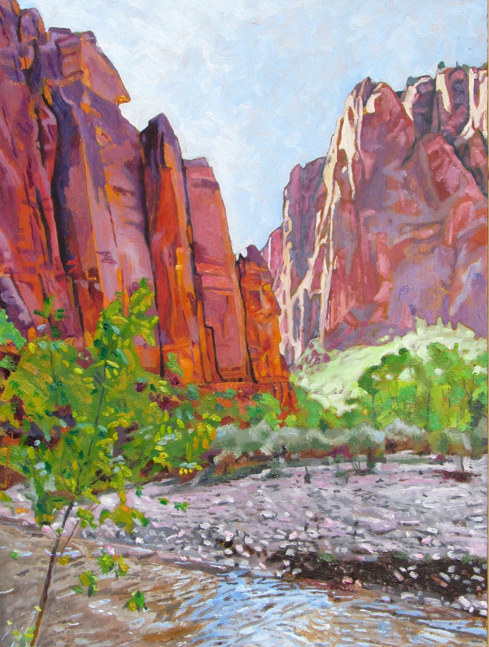 Down Canyon from the Temple Vibrant oil paint illustrating the Virgin River and red rocks of the canon wall with bright green trees along the edge of the riverbank.
