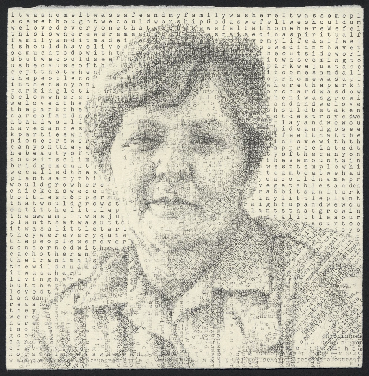 Vicki Parkinson Image of woman's face rendered by black and white typewritten ink on paper.