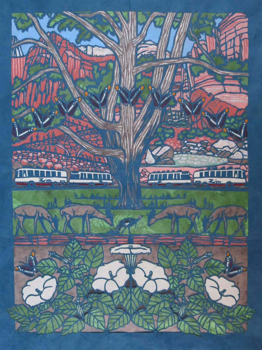 A symmetrical image depicting sacred datura, mule deer, a wild turkey, and Zion canyon shuttle buses with a backdrop of the famous red rocks of Zion.