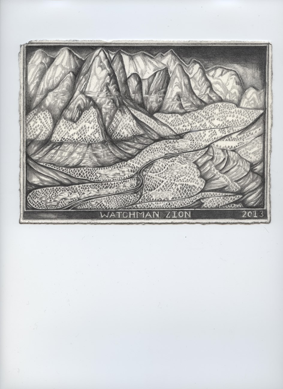Pencil rendering of the iconic Watchman rock with the main canyon in the foreground.