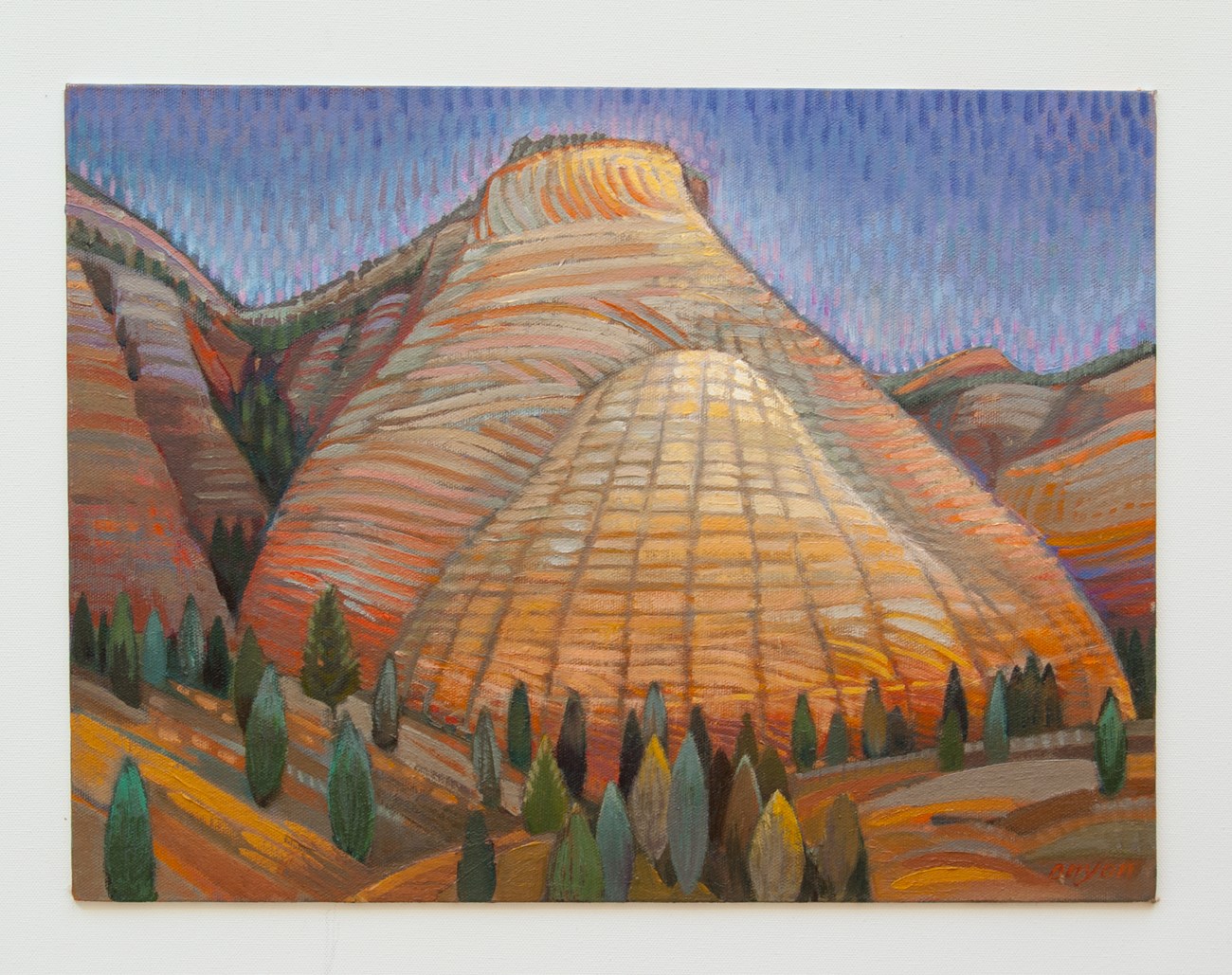 An image of Zion's checkerboard mesa is illustrated in vibrant oil colors of reds, oranges, and golds.