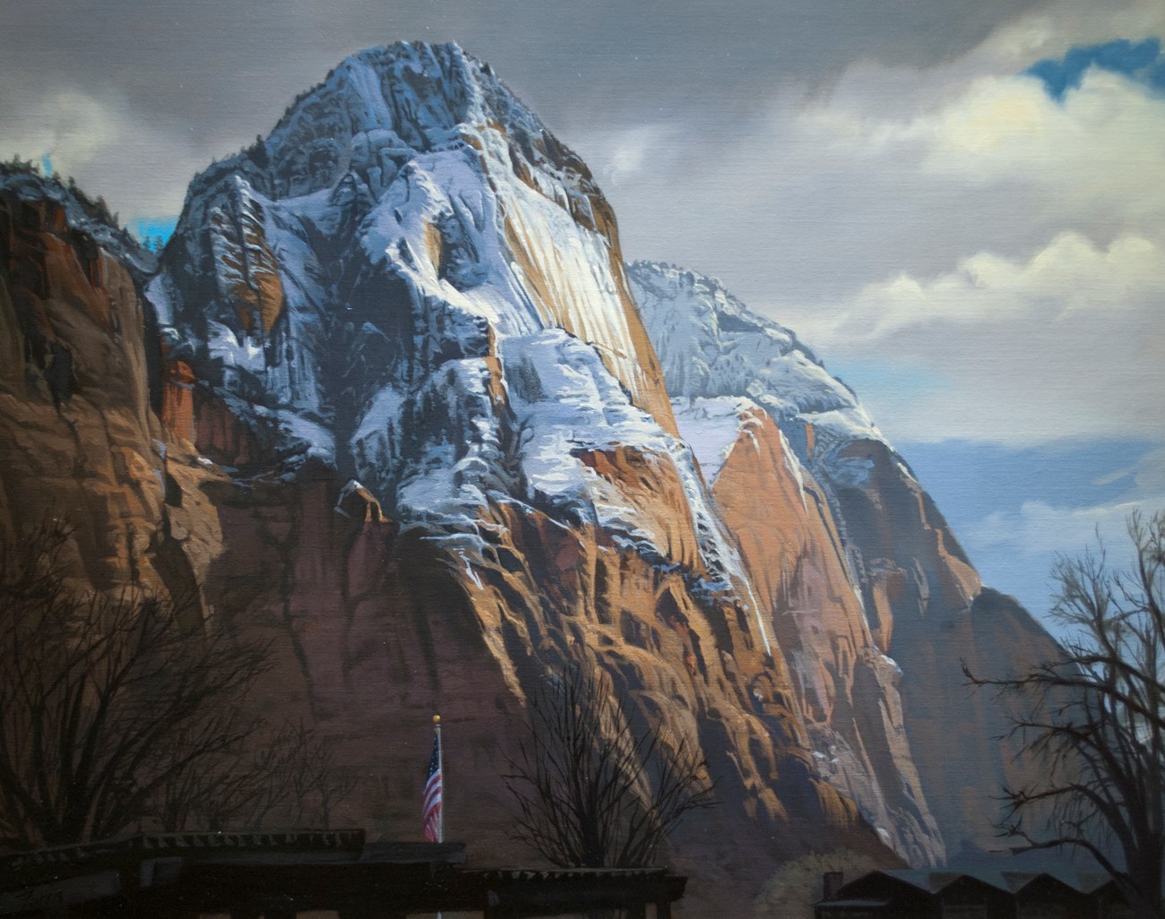 Oil painting of a steep sided mountain with snow on it.