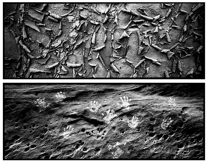 Two black and white photos, one of dried mud curled at the surface and the other of muddy hand prints on a canyon wall