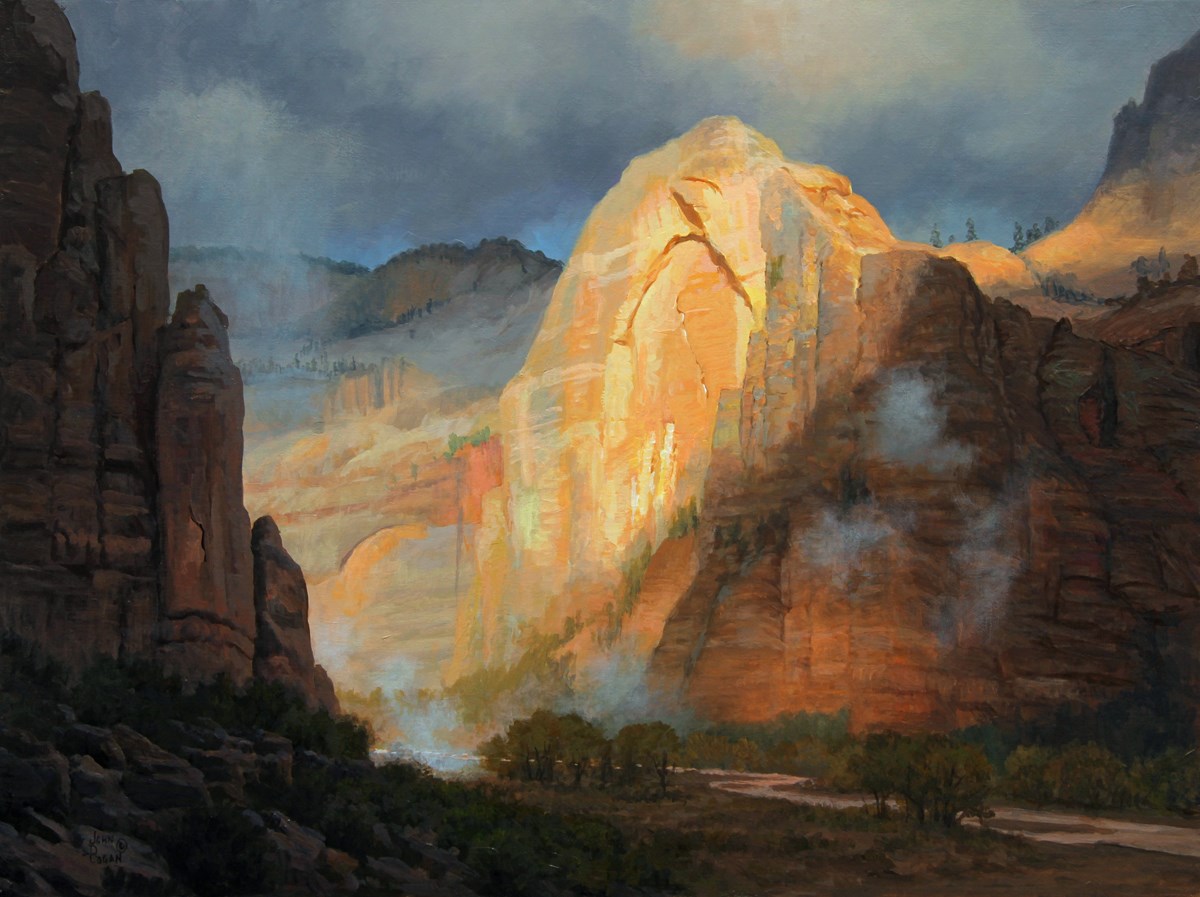Painting of a red rock mountain