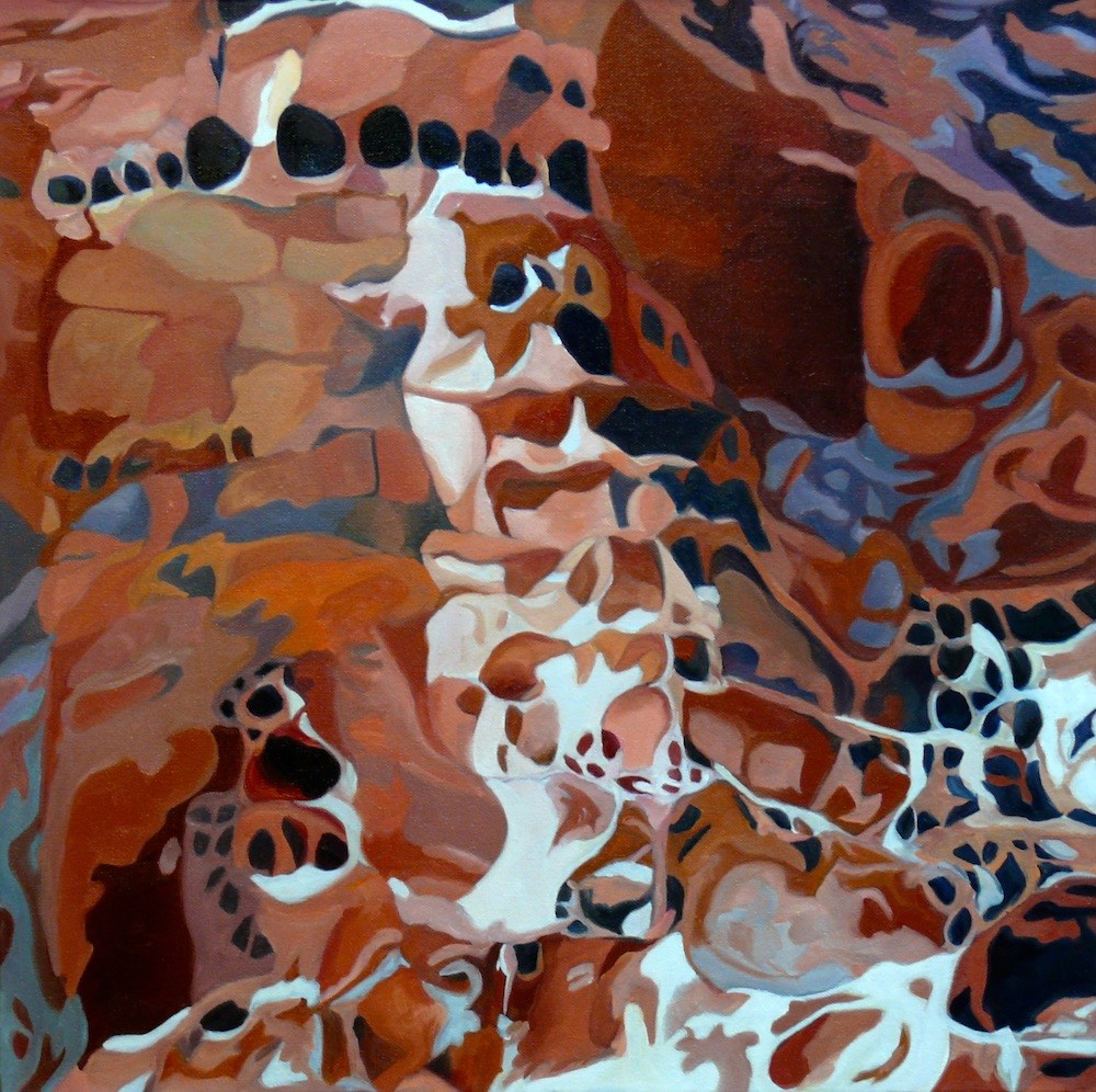Colorful abstract oil painting of rock formations.