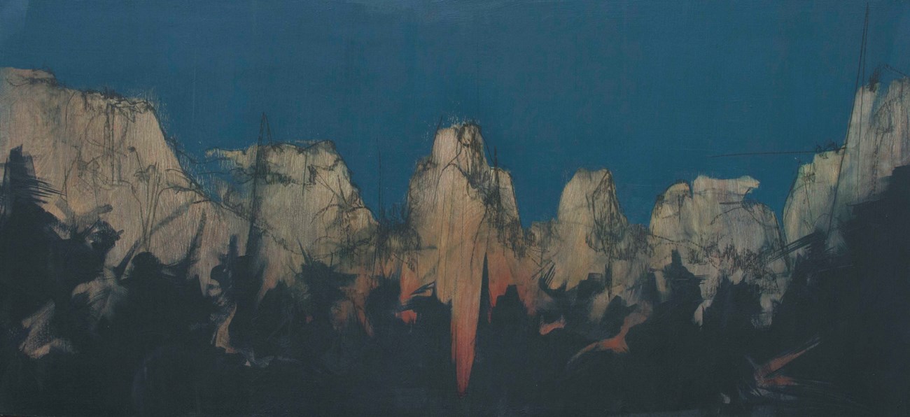 Painting of canyon walls with a dark blue sky