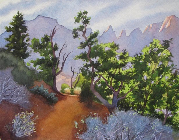 Watercolor painting of a trail and trees with mountains in the background