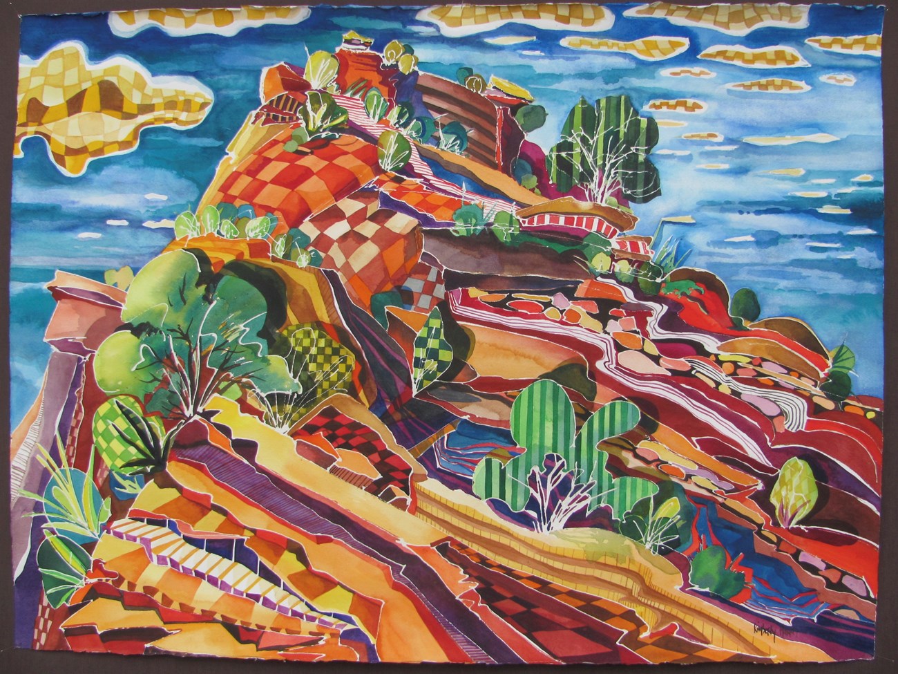 A brightly colored, abstract painting of a red layered rock.